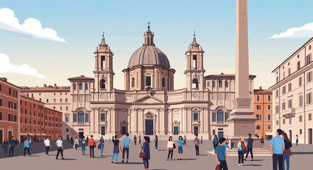 Obraz premium European plaza scene with classical architecture and diverse people strolling