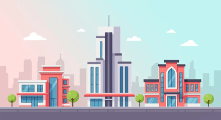 Obraz premium Flat illustration of a modern city with skyscrapers and buildings