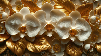 Elegant close-up of blooming white orchids with luxurious gold leaf texture background