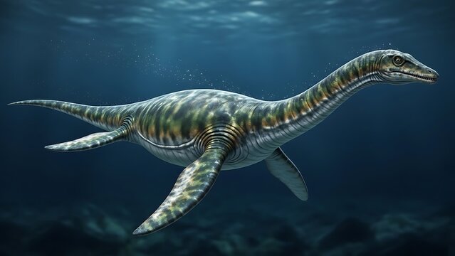 Detailed illustration of a prehistoric plesiosaur swimming gracefully in the deep blue ocean, showcasing its long neck and powerful flippers.