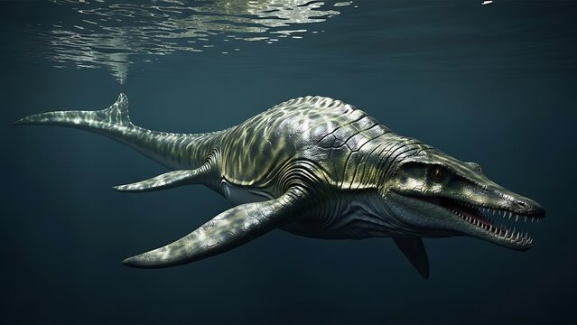 A detailed digital illustration of a large prehistoric marine reptile, possibly a Mosasaur, swimming in dark underwater depths.