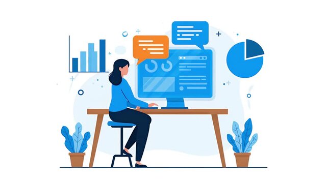 office interior with a woman doing daily activity at office business animated illustration video
