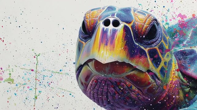 Vibrant turtle artwork with colorful splatters and paint