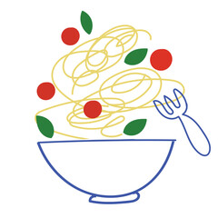 Abstract pasta bowl illustration with fork in a modern continuous line style. Hand drawn minimalistic food artwork with organic shapes and bright color accents. Flat vector illustration 