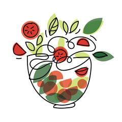 Modern salad bowl illustration with flying vegetables in a continuous line style. Hand drawn abstract food artwork with fresh ingredients and soft color accents. Minimalistic flat vector illustration 