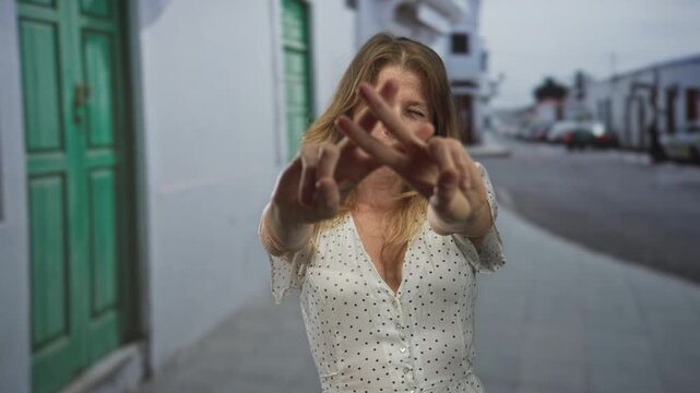 Woman making hashtag sign with hands on a city street, smiling and reaching forward; playful social connection.