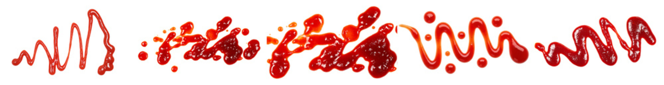 photograph of various vibrant red ketchup patterns, artistically splattered, drizzled, and smeared, isolated on a clean background.