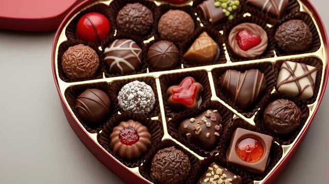 An inviting overhead shot reveals a vibrant red, heart-shaped box brimming with an exquisite assortment of gourmet chocolates. The decadent collection features diverse textures and rich flavors, from 