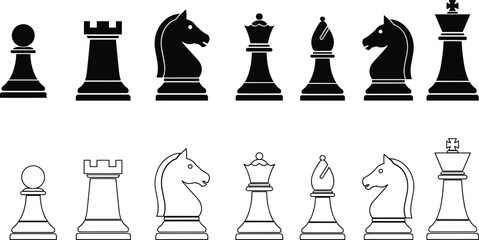 Black and white chess pieces vector illustration, strategic board game concept, stylized design, king, queen, knight, rook, pawn © Hafeza