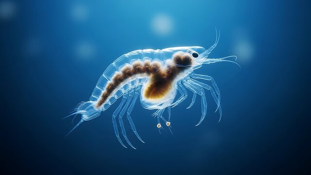 Translucent marine crustacean, possibly a copepod or krill larva, with visible internal organs against a deep blue aquatic background.
