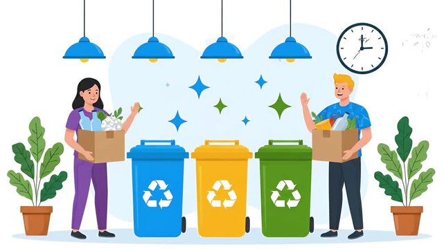 Individuals engaging in waste sorting and environmental sustainability illustration business animated video
