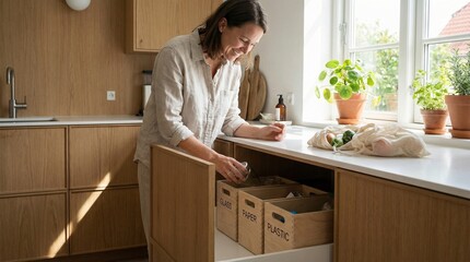Woman Actively Sorting Waste into Recycling Bins in Modern Kitchen, Sustainable Lifestyle