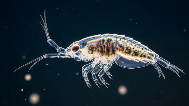 A close-up, side view of a translucent amphipod crustacean with visible internal organs and red eyes, swimming in dark water with blurry particles.