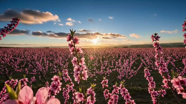 Experience the breathtaking beauty of a vast agricultural field blanketed with vibrant pink blossoms, stretching as far as the eye can see under a stunning golden hour sky. The warm sun casts an ether