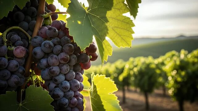 This beautiful close-up shot captures lush, ripe grapes hanging from a vine, illuminated by the warm glow of natural light. The vibrant green leaves frame the succulent, deep purple fruit, while a spr