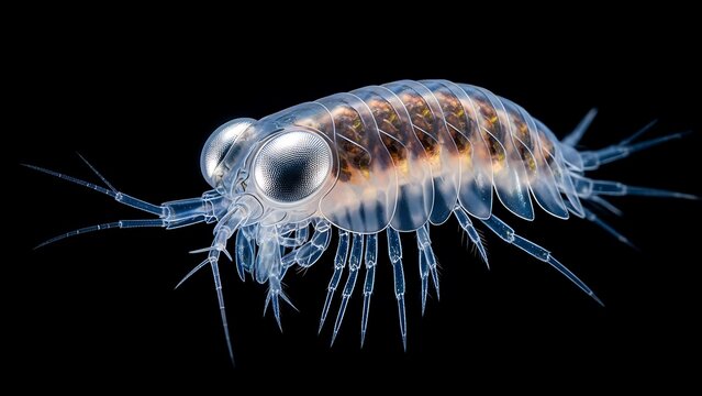 Close-up of a translucent marine amphipod with prominent compound eyes and multiple legs against a dark background.