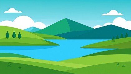 Fototapeta premium Scenic mountain lake landscape with clear blue water and lush green hills under bright sky