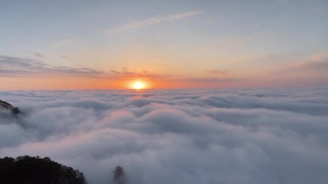 Stunning horizontal time-lapse of the full sunset process. Golden sun disappearing through fast-flowing clouds. Beautiful orange sky and dynamic cloudscape transition to dusk.