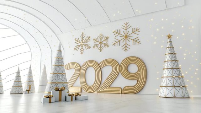 New Year 2029 Celebration with Festive Trees and Snowflakes, Cinematic Motion, Stock Media