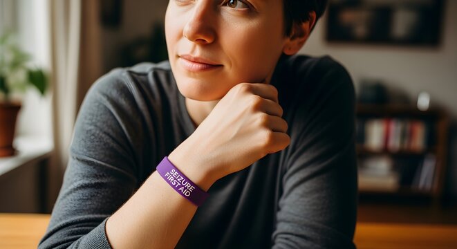 A person with epilepsy wearing a purple 'Seizure First Aid' bracelet.
