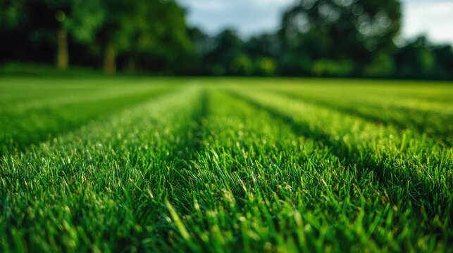 Lush green freshly mowed lawn with stripes in a beautiful garden at sunset