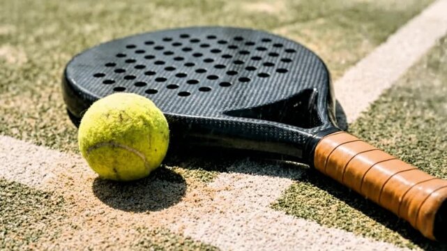 video, close-up, sports, a padel racket and ball on an open court in the rain, for creative advertising, background, 