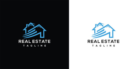 Real Estate Logo Modern House Icon with Abstract Swoosh.