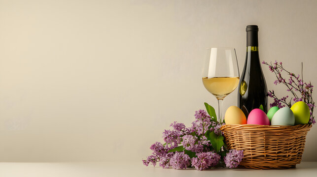 A bottle and glass of wine next to a basket of Easter eggs and sprigs of lilac against a neutral beige studio background