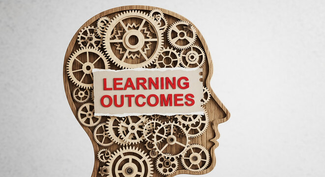 Wooden head silhouette with gears, showcasing "Learning Outcomes" on a paper scrap, symbolizing cognitive process and educational achievement