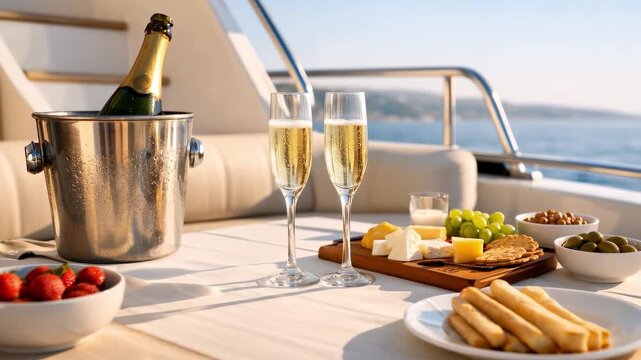 Champagne glasses filled with sparkling wine sit on a yacht table alongside a bucket of champagne, fresh strawberries, cheese platter, and assorted snacks against a serene ocean backdrop