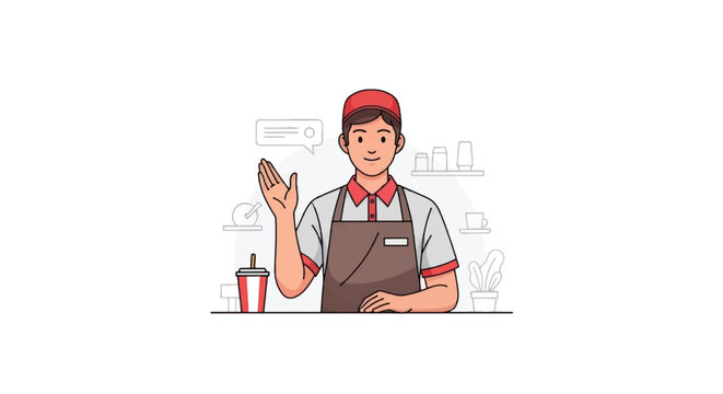Fast Food Restaurant Employee Greeting Customer Flat Vector Illustration on White Background