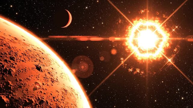 A celestial scene depicting a planet and its moon near a massive exploding star in outer space viewed from a distant perspective