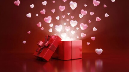 Obraz premium Opened red gift box with glowing light and floating pink hearts on dark burgundy background
