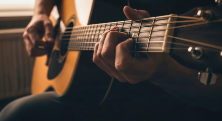 Fototapeta premium Close-up of hands playing acoustic guitar with warm lighting, showcasing strings and body details in a cozy indoor setting