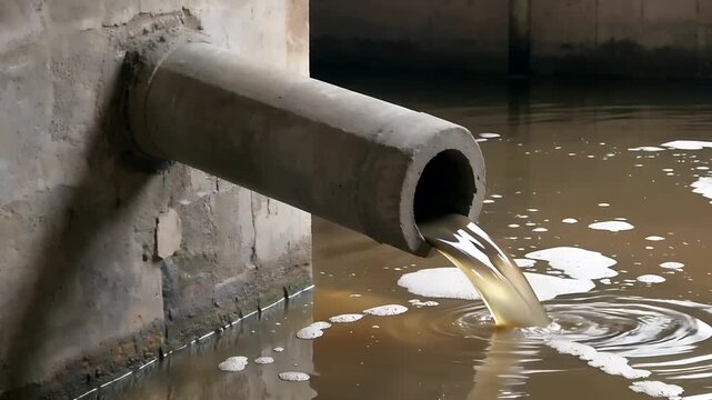 Dirty water flowing from concrete pipe into polluted river, industrial wastewater discharge, environmental pollution concept video