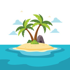 Tropical Island Paradise with Palm Trees and Rock