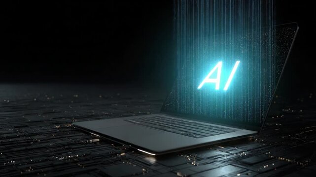 Digital Intelligence: A glowing AI symbol emerges from a sleek laptop, symbolizing the rise of artificial intelligence, innovation, and technological advancement, set against a dark.