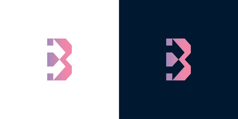 Abstract geometric letter B logo design in pink and purple gradient on white and dark backgrounds © anello
