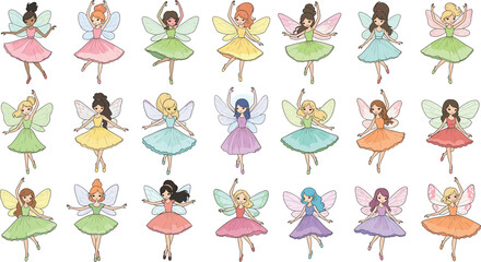 Cute fairy ballerina girls characters set with wings colorful dresses fantasy cartoon vector © EdGe Creative