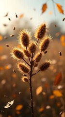 Obraz premium Golden Hour Dried Foxtail Grass Stems in Autumn Field with Falling Leaves, Bokeh Sunlight Backdrop
