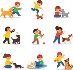 Naklejka premium Kids playing with dogs scenes set with pet training walking feeding cartoon vector