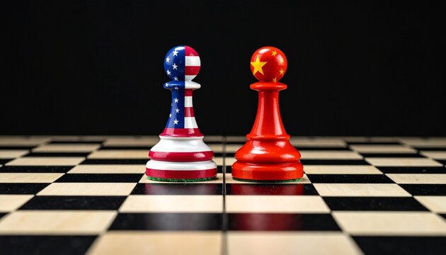 Two chess pawns styled as the USA and China flags facing off on a chessboard, symbolizing geopolitical rivalry.