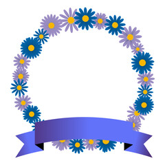 青系のデイジーの花のリースとリボンのベクターイラストレーション。