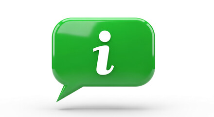 Green speech bubble with a white "i" inside, conveys information or notification concept, ideal for communication, alerts, or guidance