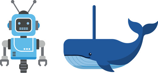 Cute robot and narwhal characters set isolated on white background cartoon vector © EdGe Creative
