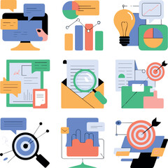 Create on Marketing strategy, targeting, business communication concept set. Digital content, data analysis, ideas, project research, ad campaign. Flat graphic vector illustrations isolated on white b © MdRafiqulIslam