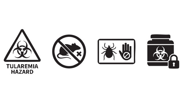 Tularemia hazard symbol and icons for rodent and tick transmission and avoidance
