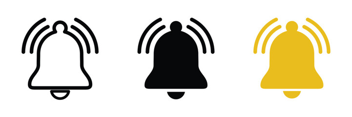 Notification bell icon set on white background. Outline, flat and colored style. Flat design.