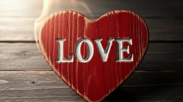 A close-up shot features a rustic red wooden heart, deeply carved with the word "LOVE," resting on a dark, textured wooden surface. The scene is bathed in a warm, gentle backlight, creating an intimat