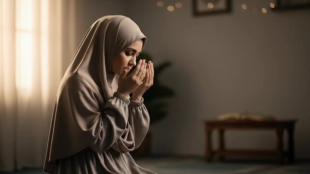 A contemplative young adult woman, dressed in elegant, modest attire including a flowing head covering, kneels gracefully on a patterned carpet in a softly lit, tranquil indoor environment. Her hands 